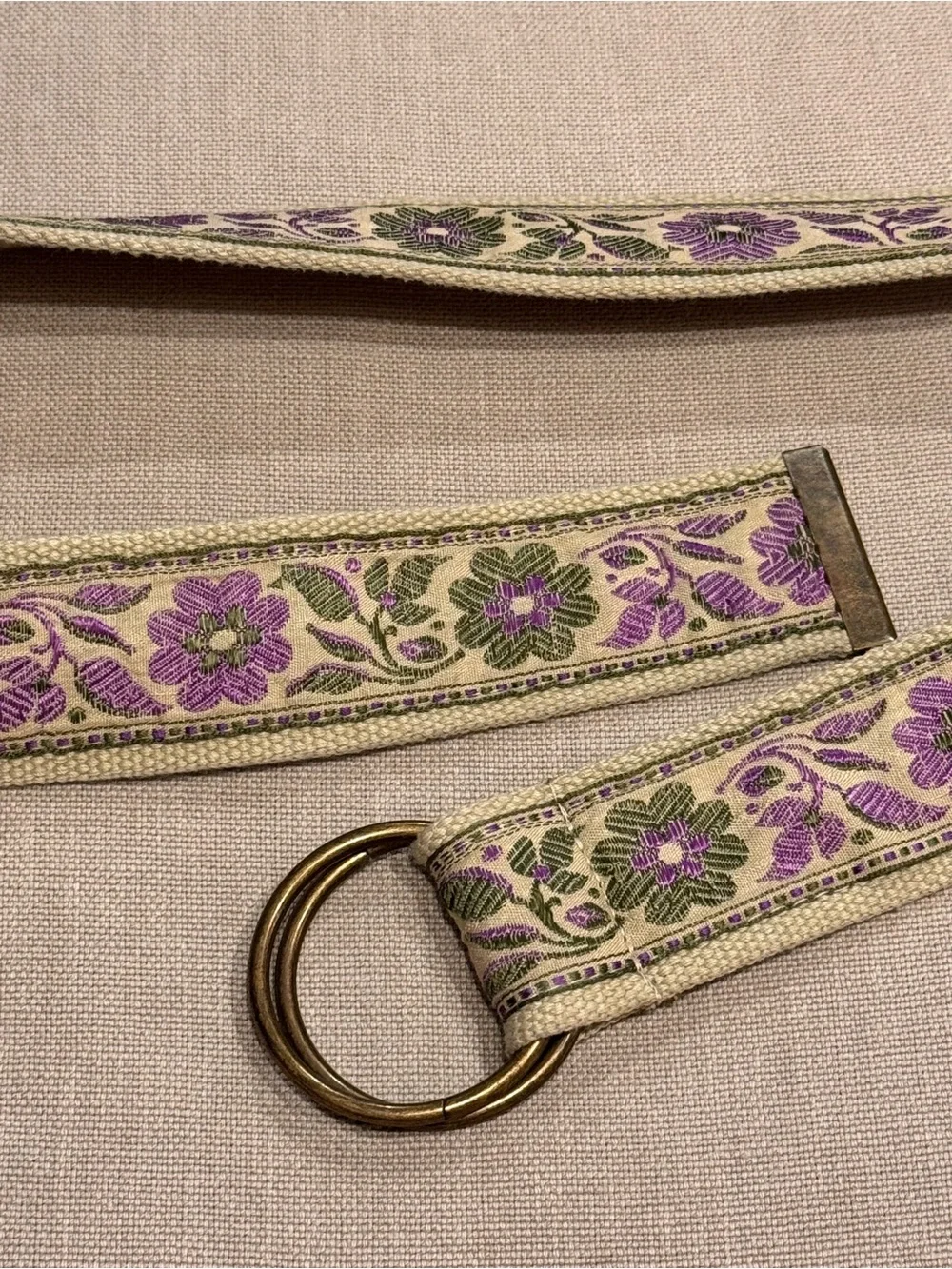 Vintage Floral Woven Jacquard Canvas D-Ring Belt Purple Green Folk Cottagecore